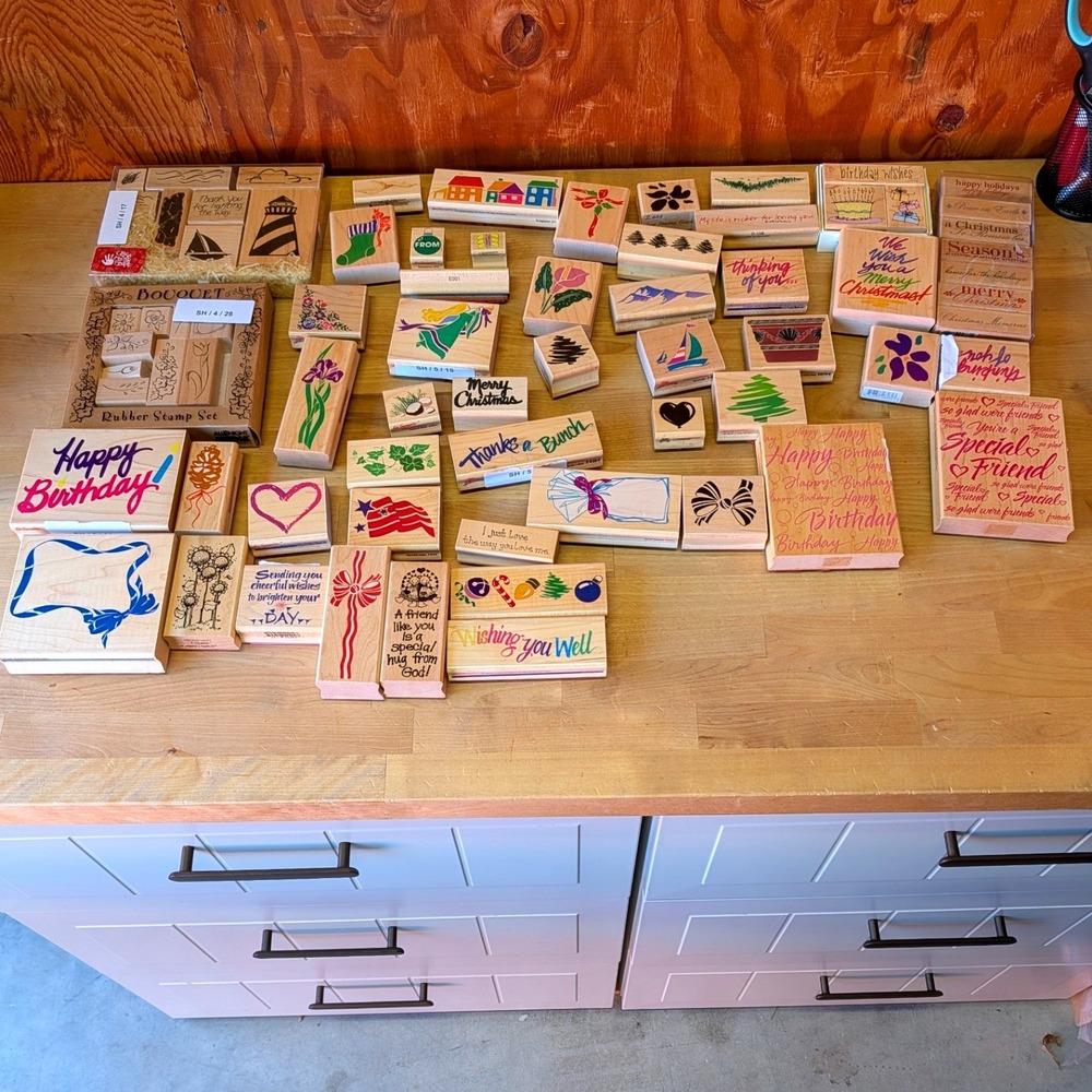 Vintage Wood Rubber Stamp Lot Holiday Birthday Floral Sentiments 40+ Pc